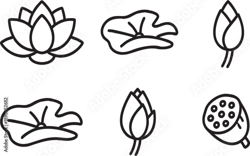 Lotus Flower and Water Lily Linear Icon Set Bundle