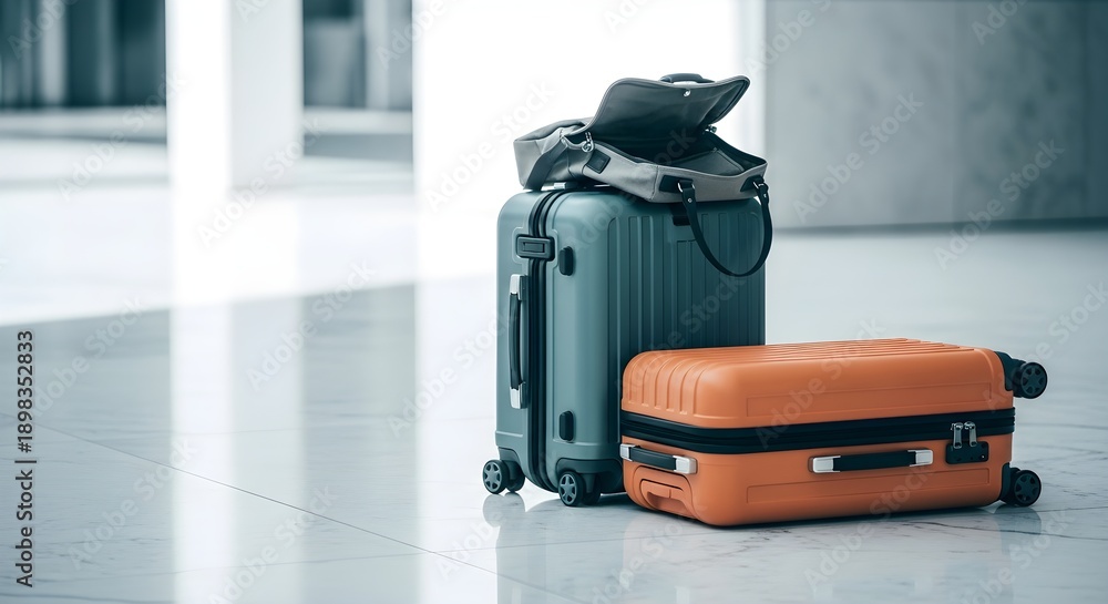 Fototapeta premium Suitcases Stacked On Top Of Each Other In Clean And Bright Environment Ready For Travel