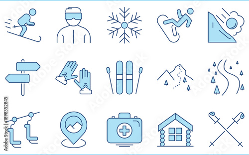A set of flat icons related to Ski. Skiing, slide, path, avalanche, kits, gloves, first aid, and so on.