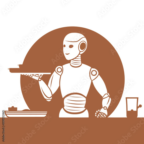 A futuristic robot chef preparing a meal in a modern kitchen setting.