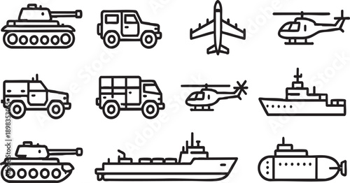 Military Vehicle Line Icons: Army, Navy, and Air Force