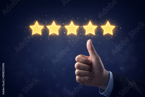 Five star rating glowing feedback concept with customer hand thumbs up, excellence review symbol, quality service evaluation, satisfaction guarantee, positive user experience, business reputation grow
