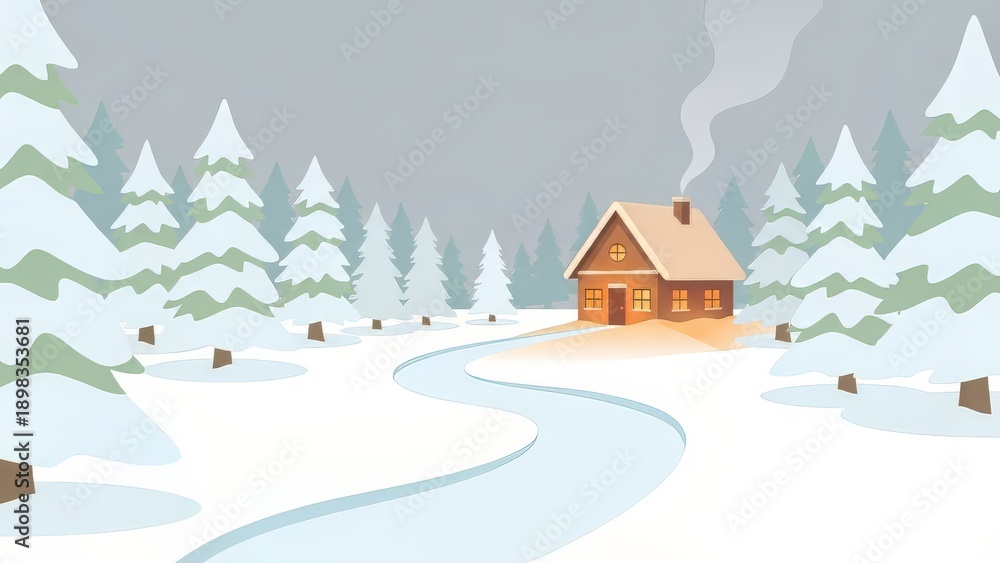 Fototapeta premium Cozy Winter Cabin Scene with Snow Covered Trees and Serene Landscape.