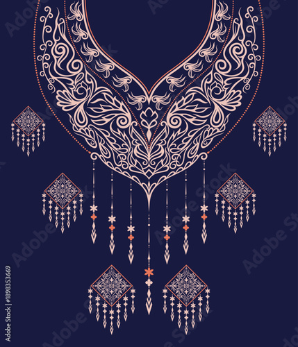 Luxury floral collar border ornament in navy blue and rose gold tones. Ideal for garment neckline, fabric printing, embroidery guide, scarf, dress design and textile manufacturing.
