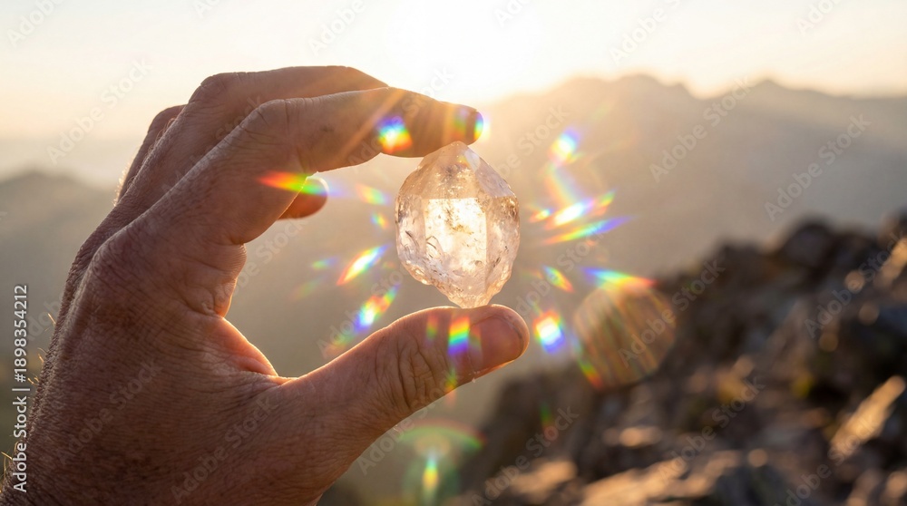 Fototapeta premium A hand delicately holds a sparkling gemstone against a breathtaking mountain backdrop, radiating light and beauty.