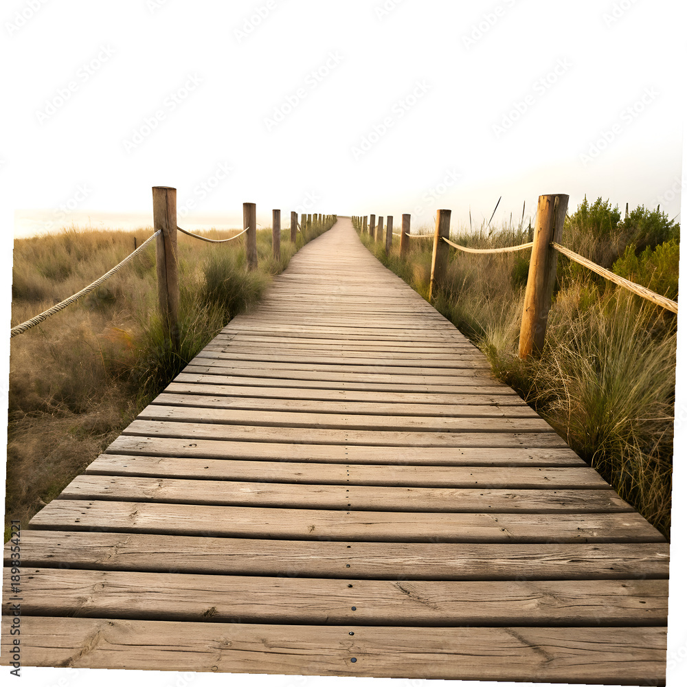 Fototapeta premium Serene Wooden Boardwalk Path Through Coastal Dunes Towards the Horizon at Sunset