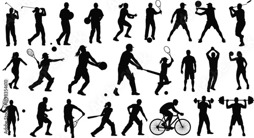 Sports silhouette collection, athletes playing golf tennis basketball baseball cycling and fitness activities, black vector illustration action poses
