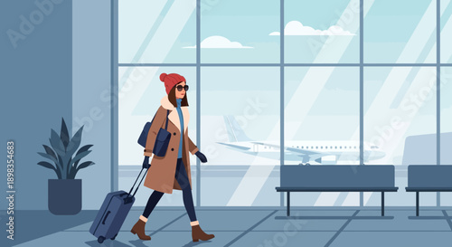 Woman Walking with Luggage at Airport Terminal.