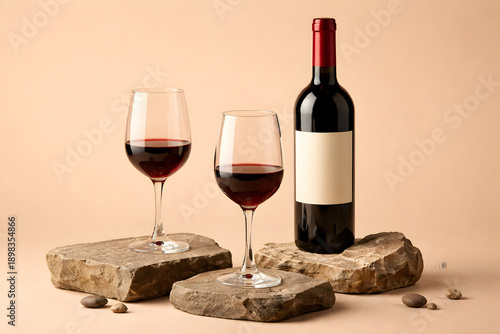 Two glasses of red wine on stones and a bottle on a beige background