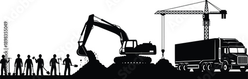 Construction site silhouette with excavator crane truck and workers, heavy machinery industrial building process concept, black vector illustration