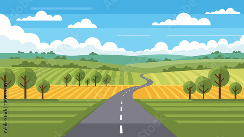 Cartoon-style illustration depicting a road leading to a landscape