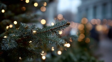 Evergreen pine branch with warm fairy lights, festive street background bokeh and winter mood, seasonal decor for Christmas and New Year, cozy outdoor celebration vibe