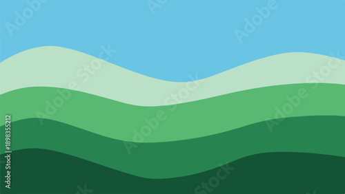Abstract graphic illustration with layers of green hills under blue sky