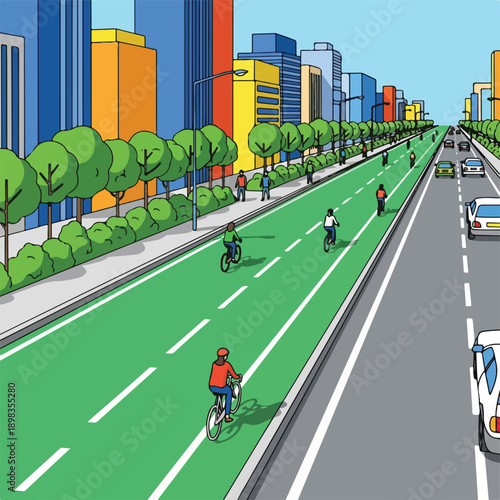 Cartoon-style illustration depicts a bike lane, cars, and buildings in a city