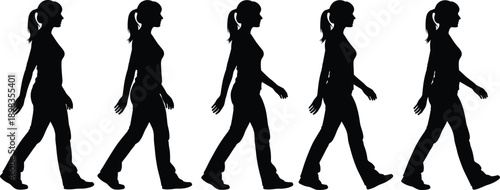 Walking woman silhouette sequence, female step motion progression, casual everyday movement concept, black vector illustration isolated design