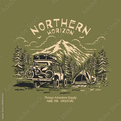 Northern Horizon Illustration 4x4 vintage offroad car adventure camp touring road trip mountain nature. Retro apparel design outdoor