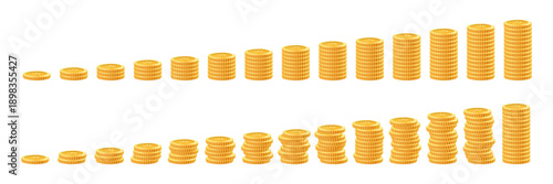 Coin tower graph, representing investment charts and bank interest profit growth. Vertical illustration. Gold coins lined up in rows in different columns. Vector illustration.