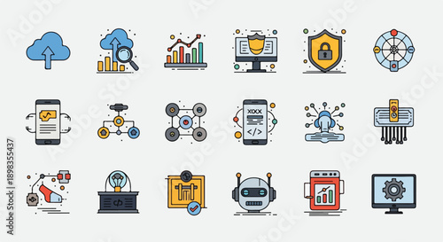 Collection of colorful, stylized icons representing technology, data, and communication concepts