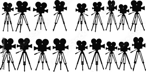 Film camera silhouette icon set, vintage movie cameras on tripods, black vector illustration, cinema production media design collection