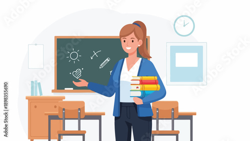 Animated educator in a classroom holds books and gestures at a chalkboard