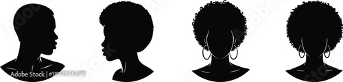 African woman silhouette profile set, black female head portraits with afro hairstyle, minimalist vector illustration, beauty identity design