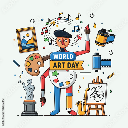Cartoon celebrating World Art Day with various artistic elements