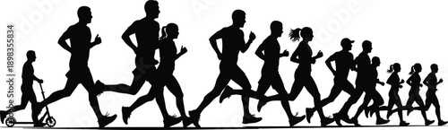 Running people silhouette sequence, jogging fitness progression concept, men women and children runners, black vector sport activity design
