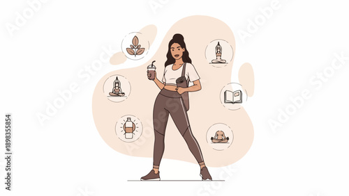 A woman holds a drink and yoga mat with yoga-related icons around her