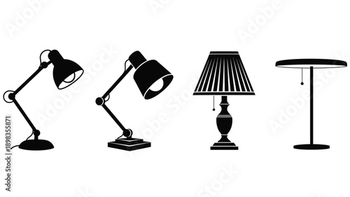 A collection of four different lamp designs in black silhouette