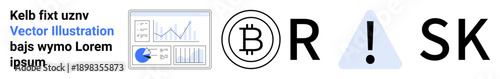 Data analytics dashboard with rising charts, Bitcoin logo, exclamation warning in a triangle, and bold text spelling RISK. Ideal for markets, finance, investment, risk, cryptocurrency safety simple