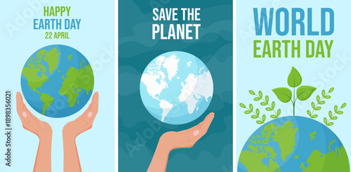 Set of vector vertical posters, banners, and placards for Earth Day for social media, billboards, educational materials, and environmental campaigns.