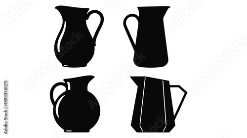 Four black pitchers are displayed in a minimalist silhouette