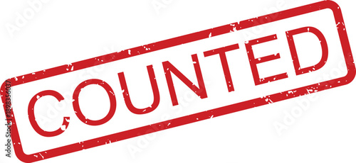 A vibrant red rectangular stamp displays the word COUNTED in bold letters on a crisp white background