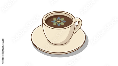 A close-up isometric view of a cup of coffee with a floral design on top, placed on a saucer.