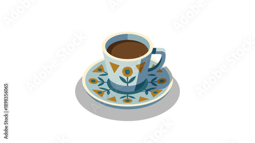 A detailed illustration of a cup of coffee on a decorative saucer, presented in a flat design style.