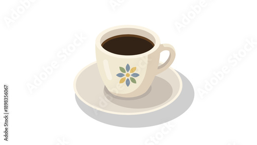A charming illustration of a ceramic coffee cup filled with dark brew, resting on a matching saucer.