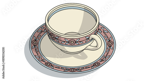 An elegant empty teacup and saucer with intricate floral patterns in pink and blue on a cream background, casting a subtle shadow.