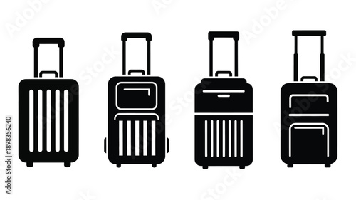 Four black suitcases in a row simple vector silhouette