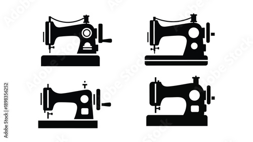 Four vintage sewing machines depicted in black silhouette