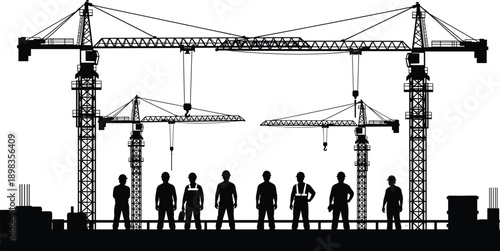 Construction site silhouette with tower cranes and workers, industrial building development concept, black vector illustration, engineering workforce skyline design