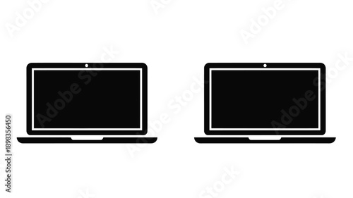 Two black laptop silhouettes against a white backdrop silhouette