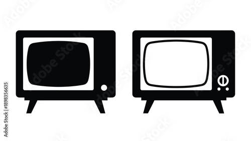 Two vintage televisions displayed in a stark black silhouette