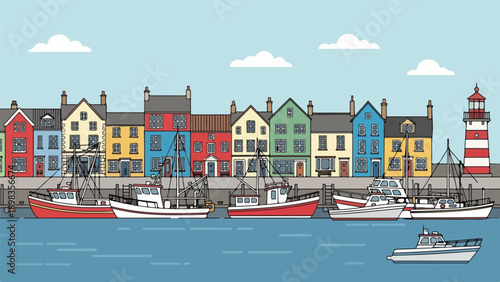 Cartoon-style illustration of a harbor with boats and colorful buildings