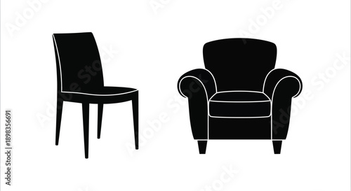 Two black furniture items a chair and an armchair in silhouette