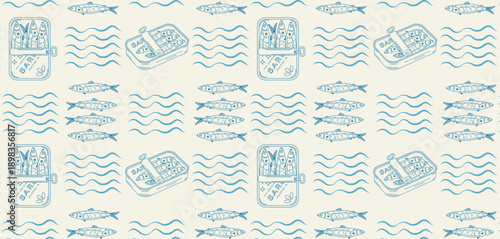 Minimalist pattern with hand-drawn sardine cans and fish. Mediterranean Italian cuisine. Dolce Vita. Sketch. Vector illustration.