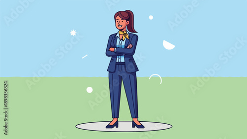 A woman in a dark suit with her arms crossed, standing confidently