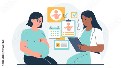 Pregnant woman consulting with healthcare professional using medical records representing prenatal care and maternity health management concept