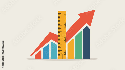 Rising bar chart with ruler and upward arrow representing business growth measurement and performance analysis concept