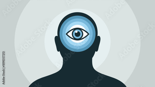 Human head silhouette with eye symbol representing awareness, perception and conscious thinking concept