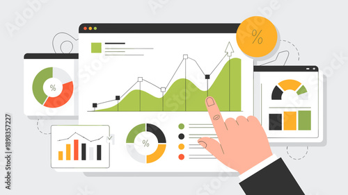 Hand pointing at analytics dashboard with charts and rising graph representing business performance and data analysis concept